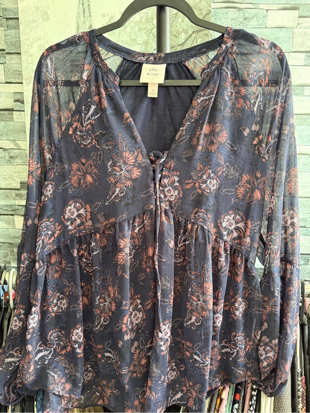 Knox Rose Navy Floral Tie-Front Peasant Top